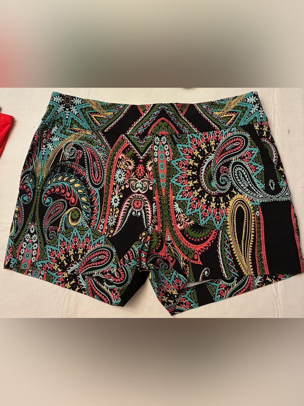 New York & Company Black Paisley Shorts with Teal, Red & Yellow Accents NWOT